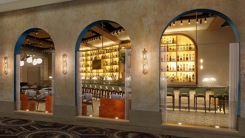 The lounge and bar area of Amalfi by Bobby Flay at Caesars Palace. Rendering by Olivia Jane Design & Interiors.  