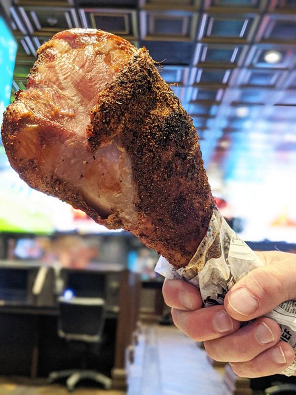 Turkey legs are returning to Golden Circle Sportsbook and Bar at Treasure Island! Starting this Saturday, Jan. 2, the delicious turkey legs will be available every weekend. Including more info here, and a photo is attached below.  Back by popular demand, Golden Circle Sportsbook and Bar at Treasure Island will offer turkey legs every Saturday and Sunday. The 26 oz. roasted turkey legs will be available for $10.95 each and while supplies last. With more than 12,000 square-feet of space, Golden Circle can house more than 750 occupants for a multitude of sporting events from around the world featured on a massive video wall. Additional featured amenities include a full bar and 24/7 sports betting. 
Tables are limited to parties of four and guests are required to make a reservation via OpenTable prior to arrival. Visit treasureisland.com/opentable for more information and to make a reservation.

