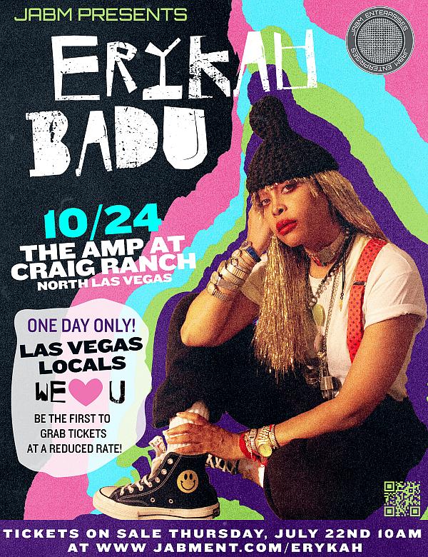 The “Queen of Neo-Soul”, Erykah Badu to Hold One-Day Outdoor Concert in Las Vegas Oct. 24