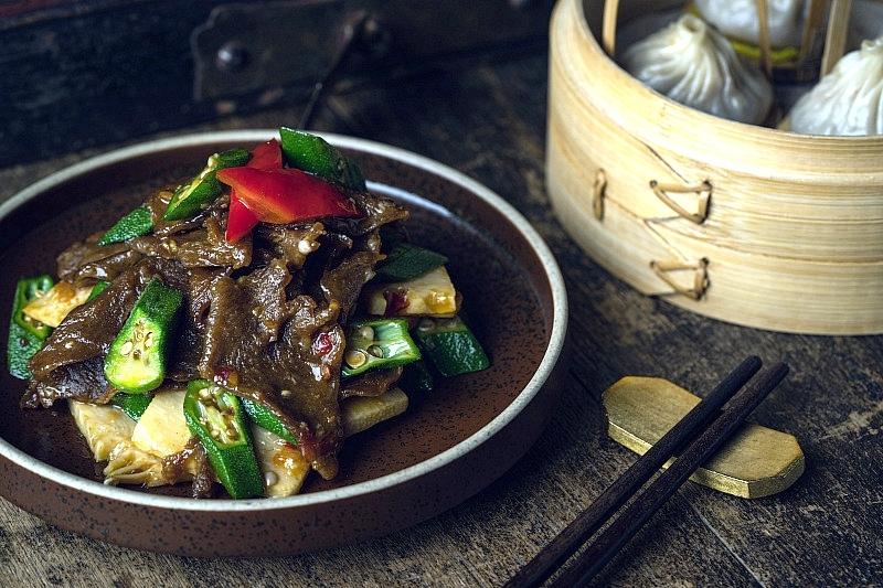 Plant-based, Stir-Fried “Beef,” Okra, Bamboo Shoot, Chili