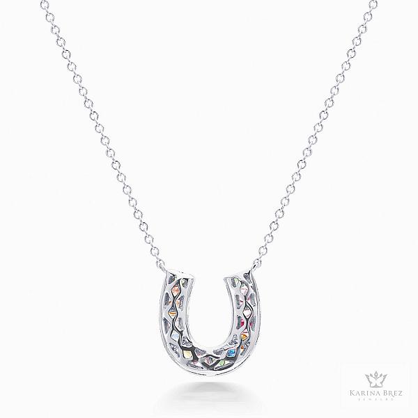 Unicorn Horseshoes Collection Confetti Necklace by Karina Brez, in 18K White Gold. Back view of Trellis