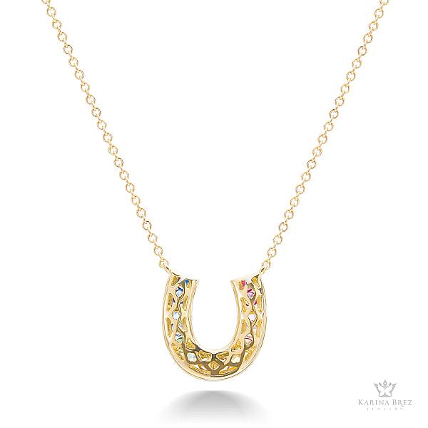 Unicorn Horseshoes Collection Rainbow Necklace by Karina Brez, in 18K Yellow Gold. Back view of Trellis