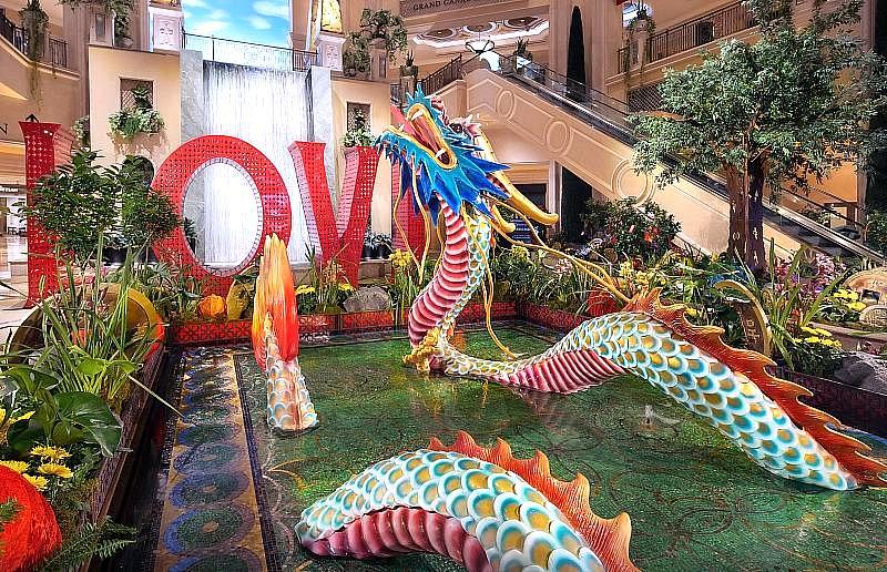 A dragon that spans 18 feet adorns the infinity pond in the waterfall atrium at The Venetian Resort Las Vegas