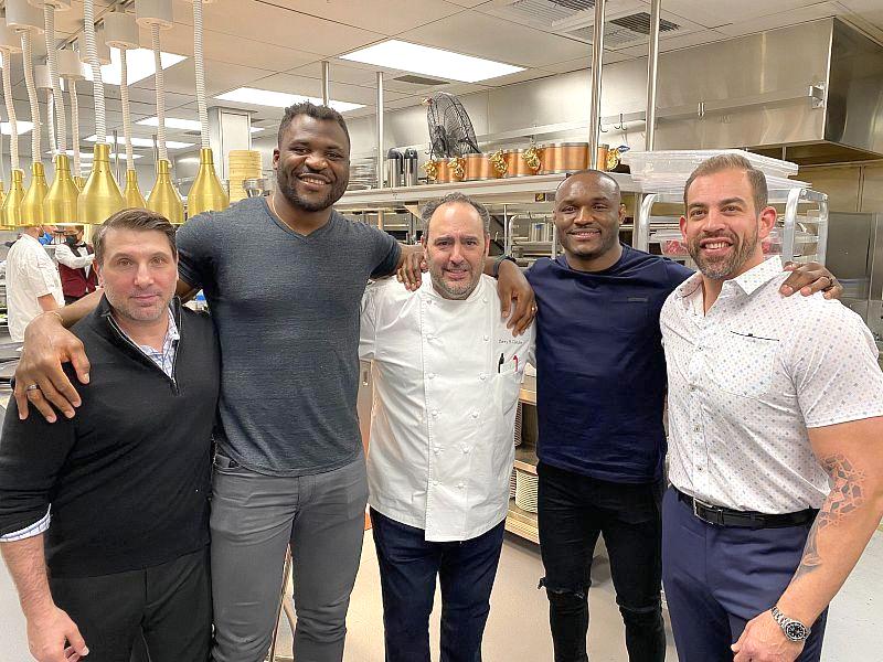 UFC Champs Francis Ngannou and Kamura Usman with Chef Barry and Restauranteurs Marco Cicione and Yassine Lyoubi at Barrys Prime Las Vegas