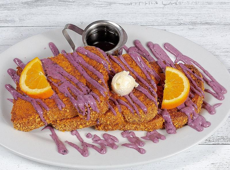 Captain Crunch French Toast with Blueberry Cream Cheese Frosting
