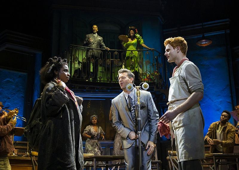 From top left clockwise Kevyn Morrow, Kimberly Marabl, Nicholas Barsch, Levi Kreis and Morgan Siobhan Green in the Hadestown North American Tour (photo by T Charles Erickson)