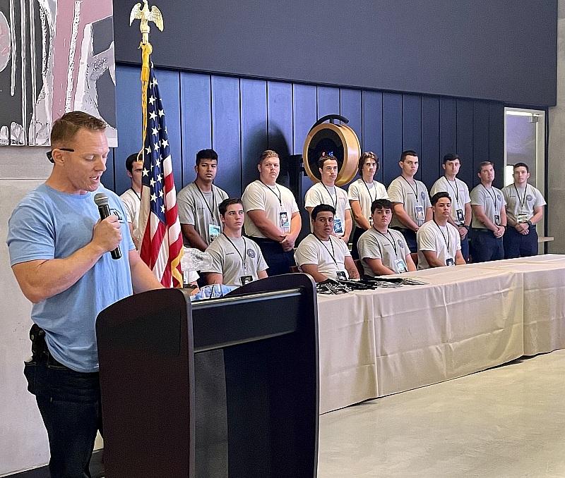 Chad Paddock, Las Vegas Fire and Rescue peer fitness trainer and firefighter engineer, honors the fallen with a speech, courtesy of Golden Entertainment, Inc.