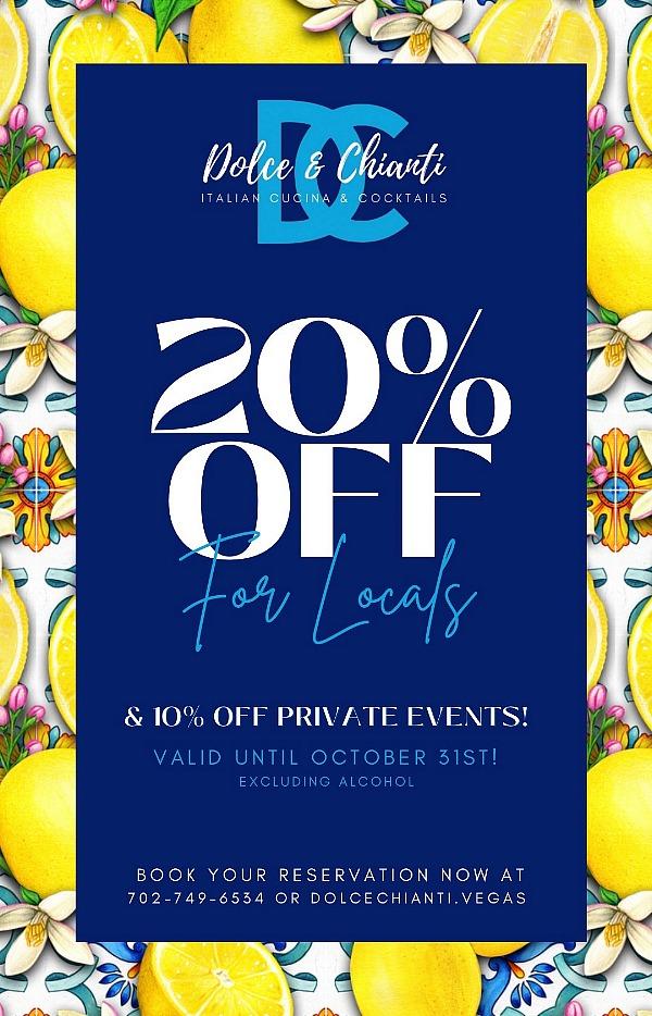 20% OFF Dinner & Brunch (excluding alcohol), 10% OFF private events and a $10 gift card for every next visit through October 31st