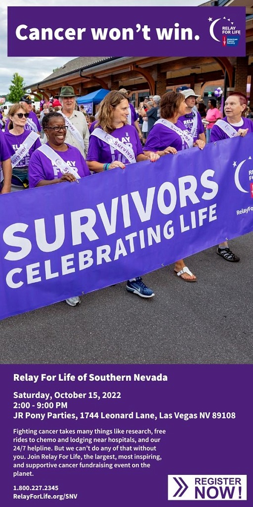 Save Lives, Celebrate Lives, and Lead the Fight at American Cancer Society Relay For Life of Southern Nevada, Oct. 15
