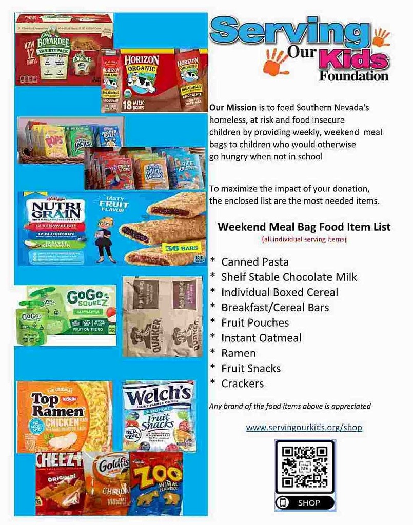 Food items needed by Serving Our Kids Foundation