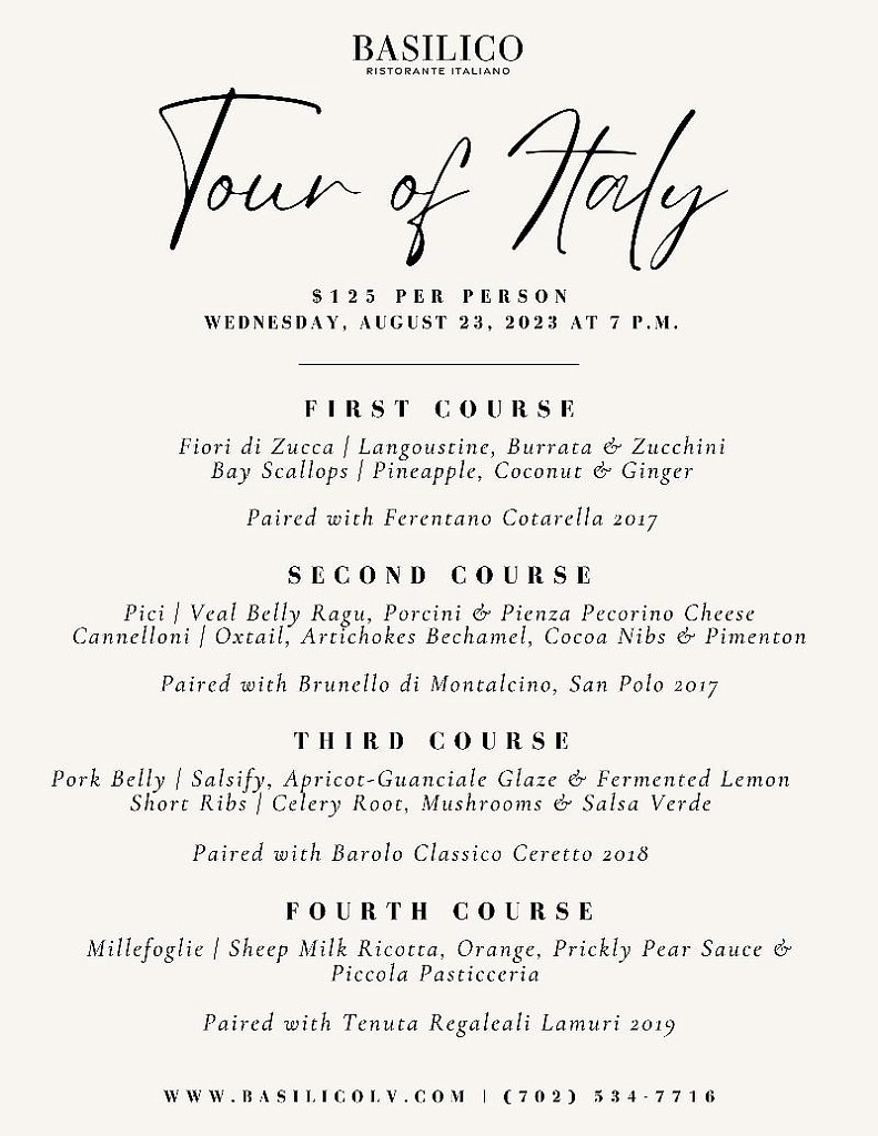 Indulge in a Quality Dinner Experience with a “Tour of Italy” at Basilico’s First Wine Dinner Located in Evora in Southwest Las Vegas