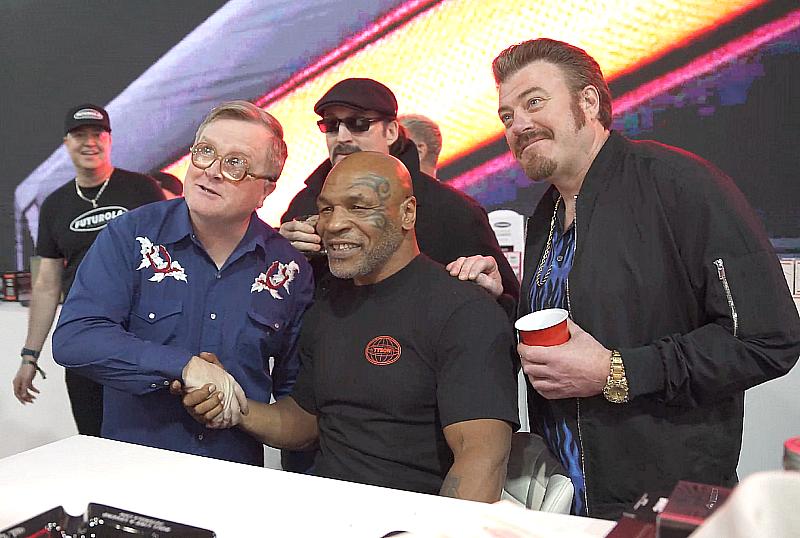 Mike Tyson and Trailer Park Boys' Mike Smith (Bubbles, left), John Paul Tremblay (Julian, behind) and Robb Wells (Ricky, right) at CHAMPS 2024 Trade Show at the Las Vegas Convention Center.