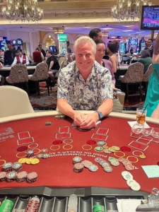 Kevin Schenk from Canada was playing Face Up Pai Gow on Friday morning, May 31, when he was dealt five aces, winning a $219,578 jackpot.